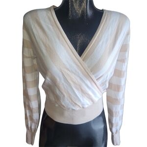 RW&CO Cream And White Striped Wrap Light Sweater S